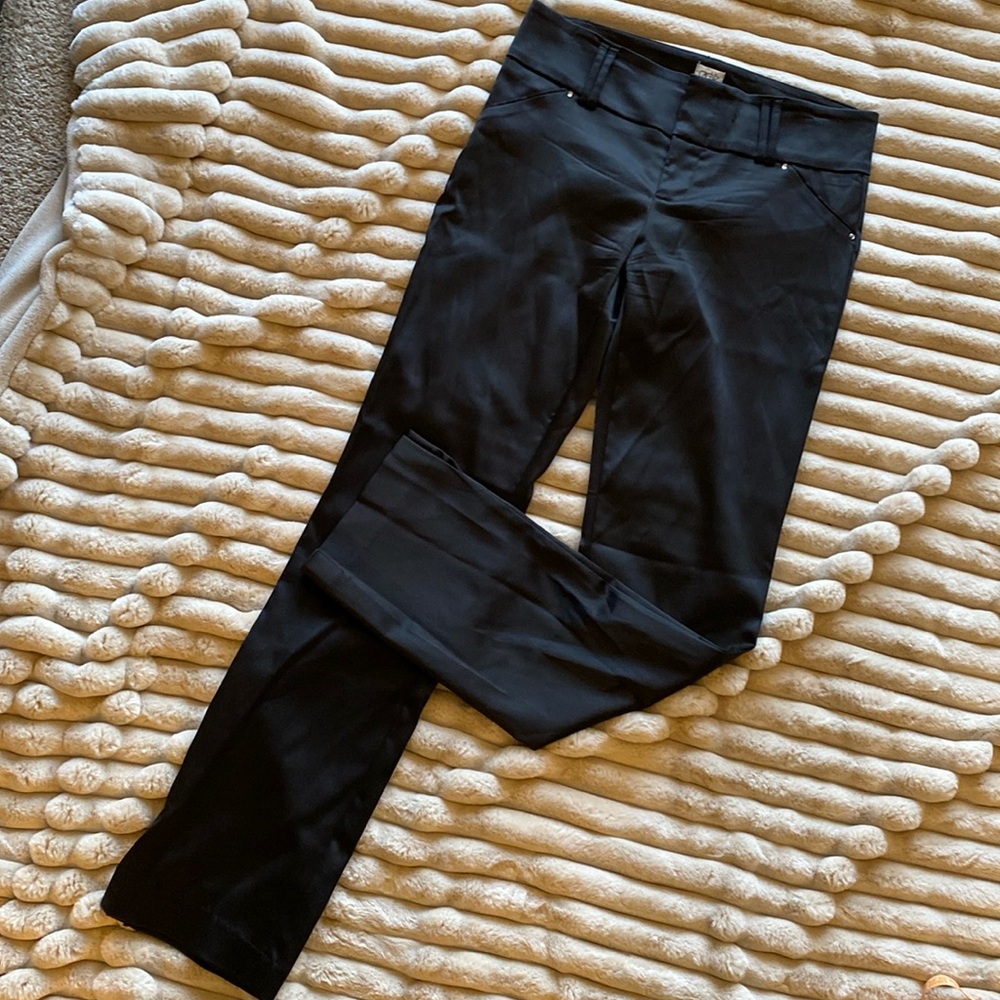 Cache Black Satin Straight Leg Pants With rhinestone detail at pocket size 6